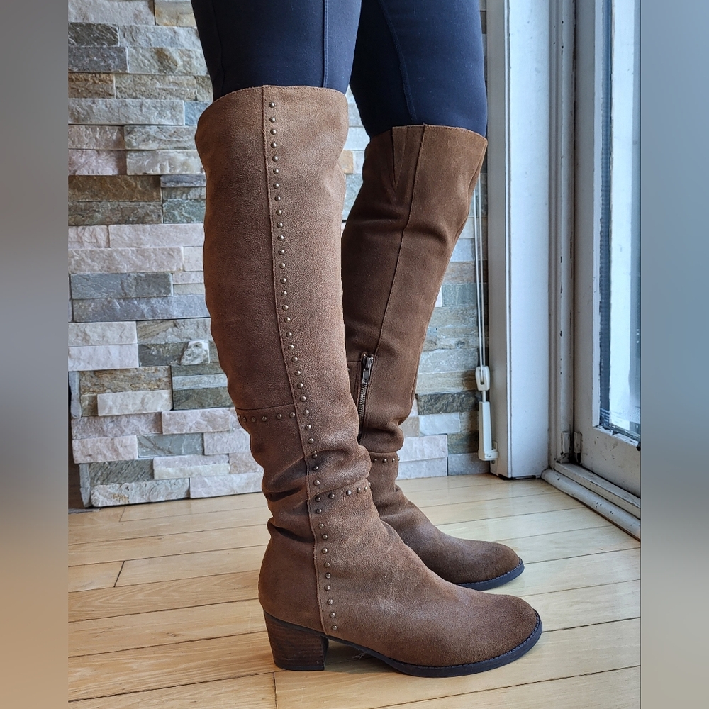 Brown Suede Studded Over The Knee Boots By Design Lab